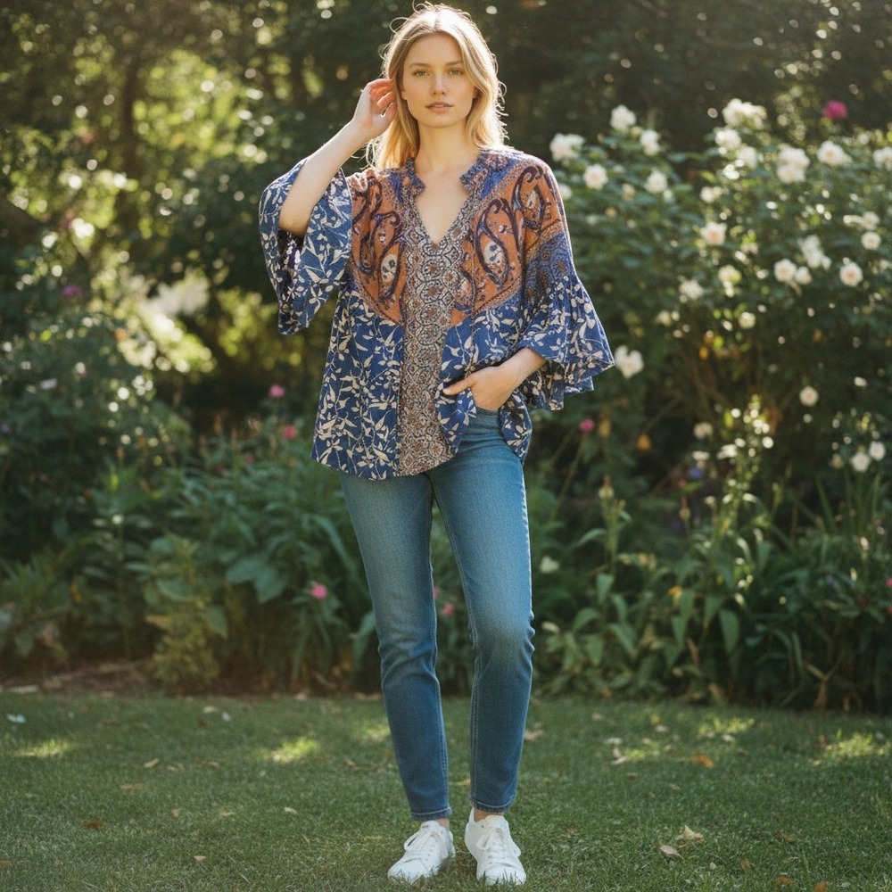 Umgee Tunic Top Womens Large Blue Orange Paisley Floral Bell Sleeve Boho A6641